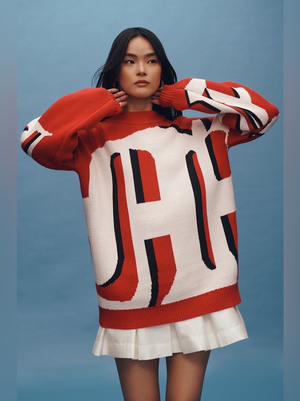 Anthropologie Maeve Graphic Monogram Sweater Red Black White Size Small